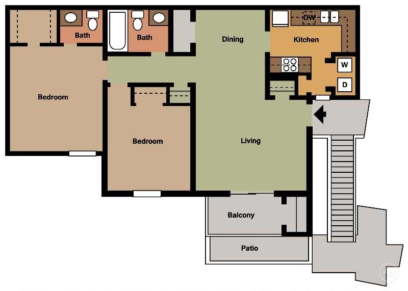 Floor plan for 2 beds, 1.5 baths, 989 sqft